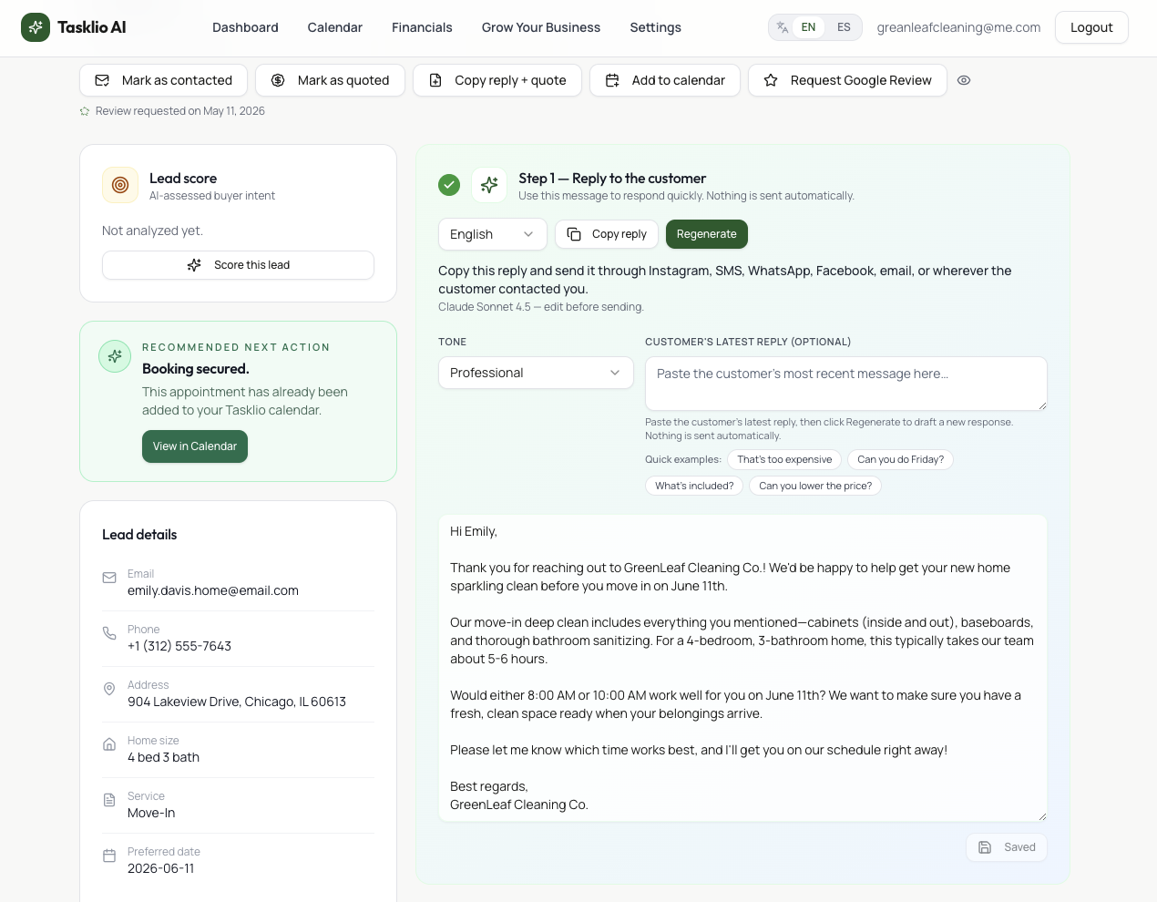 Tasklio AI-generated reply and quote workflow