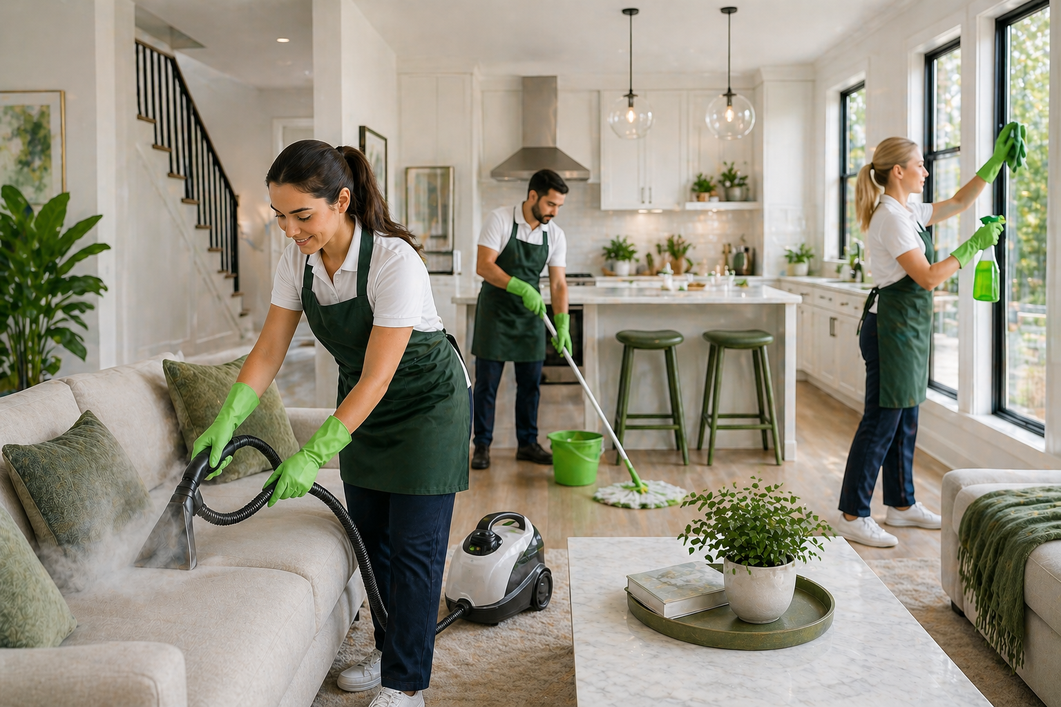 A cleaning team working together in a bright modern home