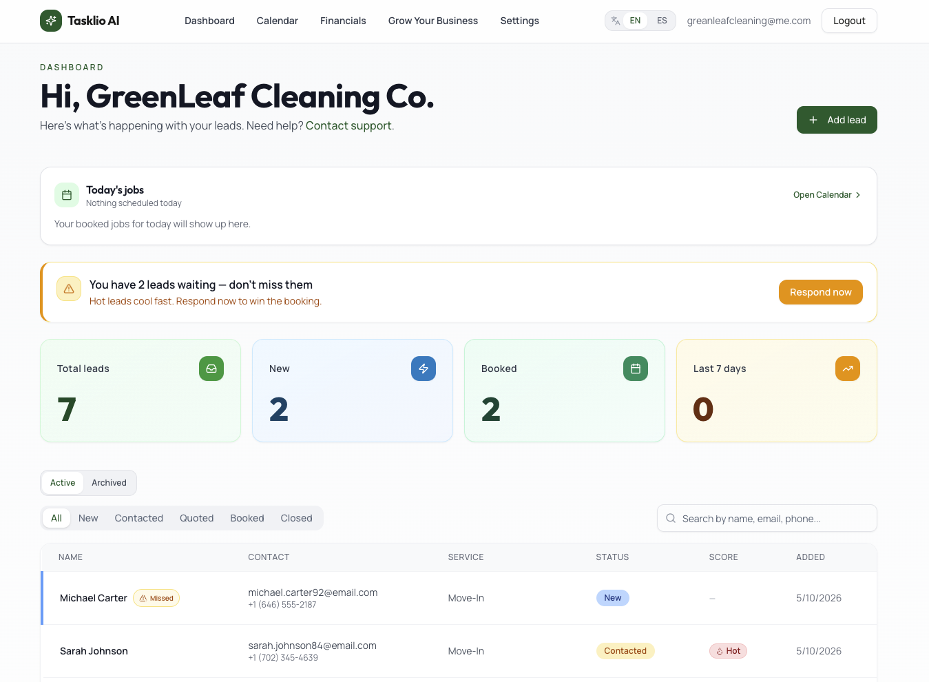 Tasklio dashboard — leads, jobs, and pipeline