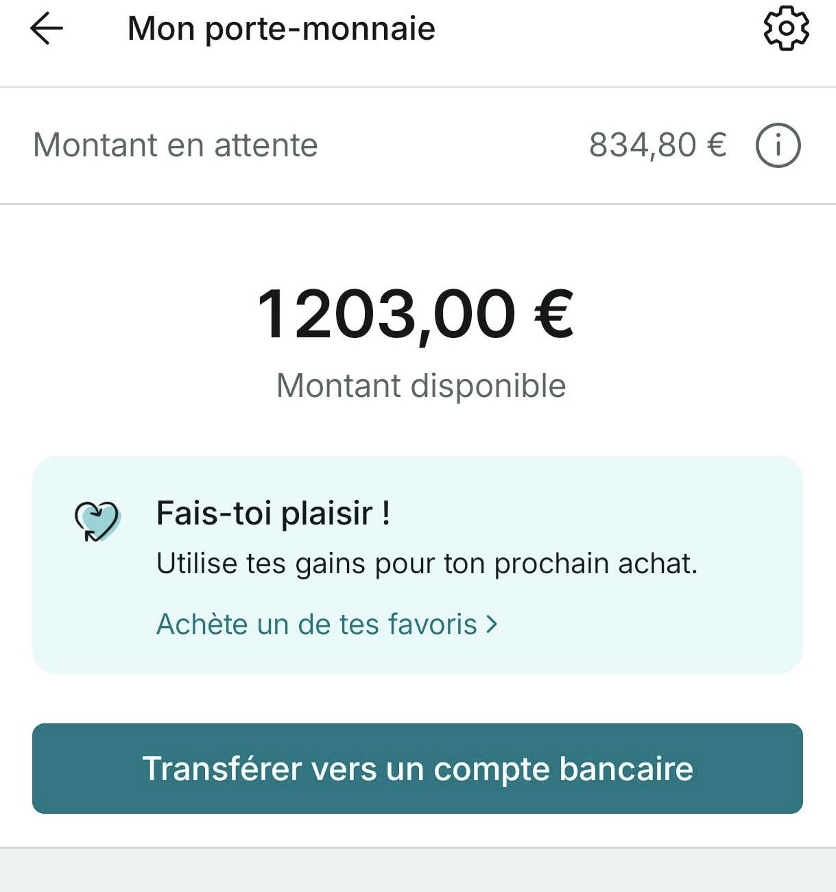 Porte-monnaie Vinted — 1 203€ disponibles + 834,80€ en attente