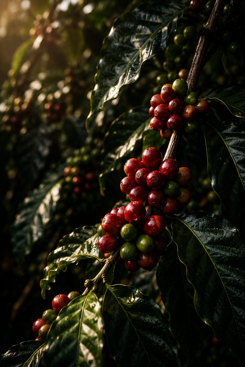 Cerezas de café en la planta