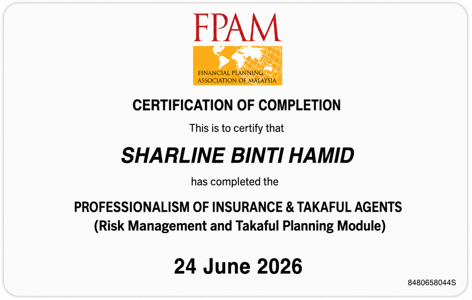 Sijil FPAM - Sharline Binti Hamid - Professionalism of Insurance & Takaful Agents