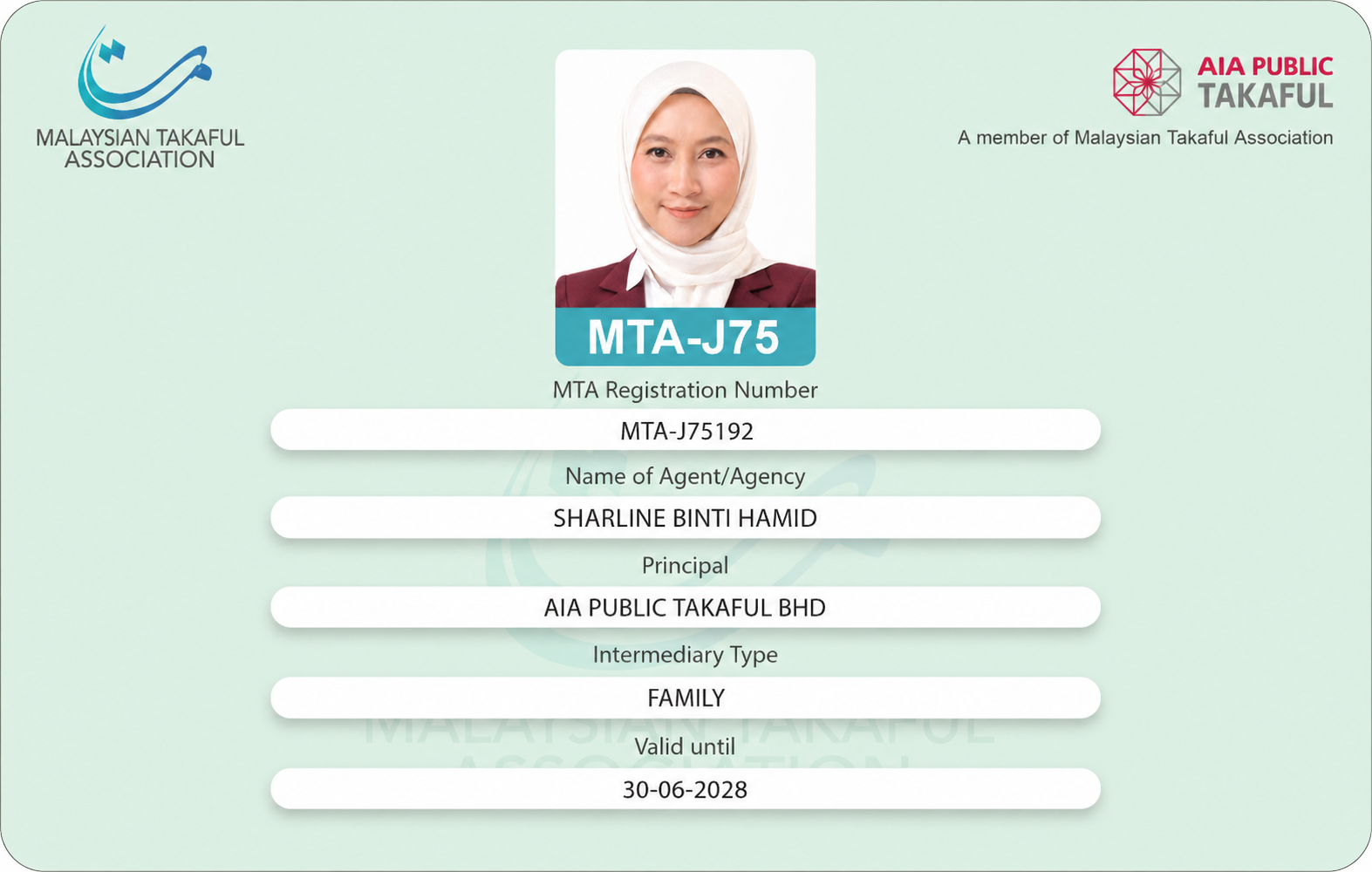 Sijil Pendaftaran Malaysian Takaful Association - Sharline Binti Hamid (MTA-J75192)
