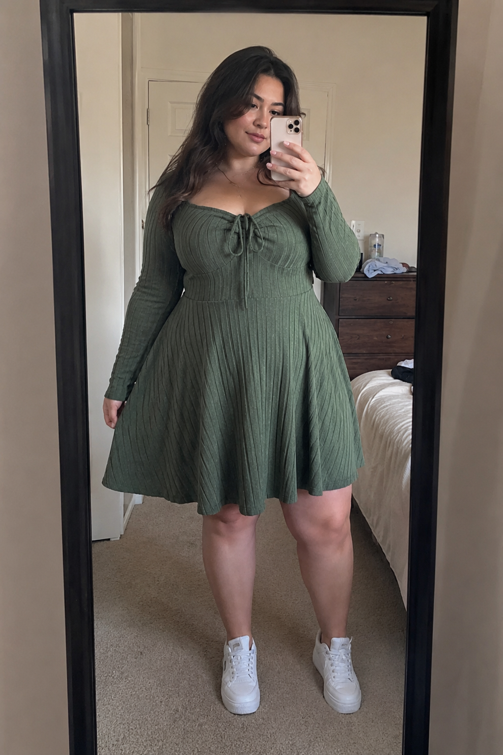 Customer wearing the matcha green sweetheart ribbed dress