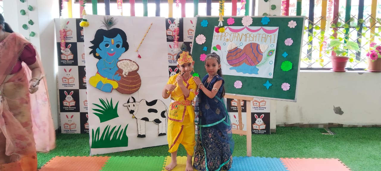 Janmashtami celebration with Krishna backdrop