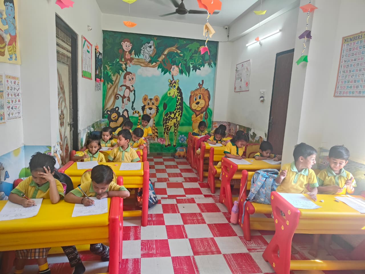 Students learning in colorful classroom