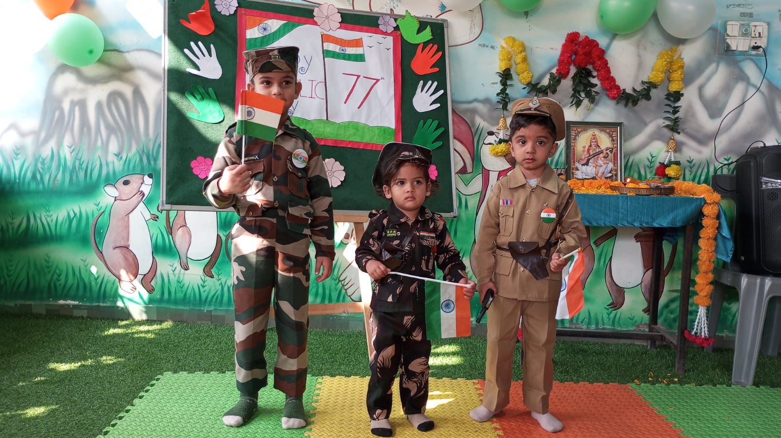 Children saluting in army uniforms
