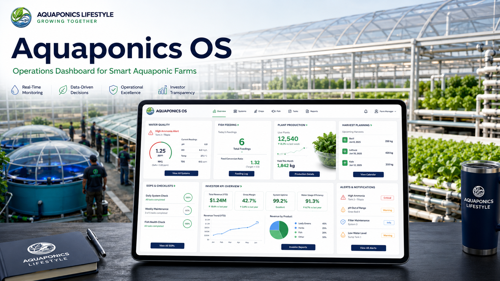Aquaponics OS operations dashboard shown on a tablet inside a commercial aquaponics greenhouse