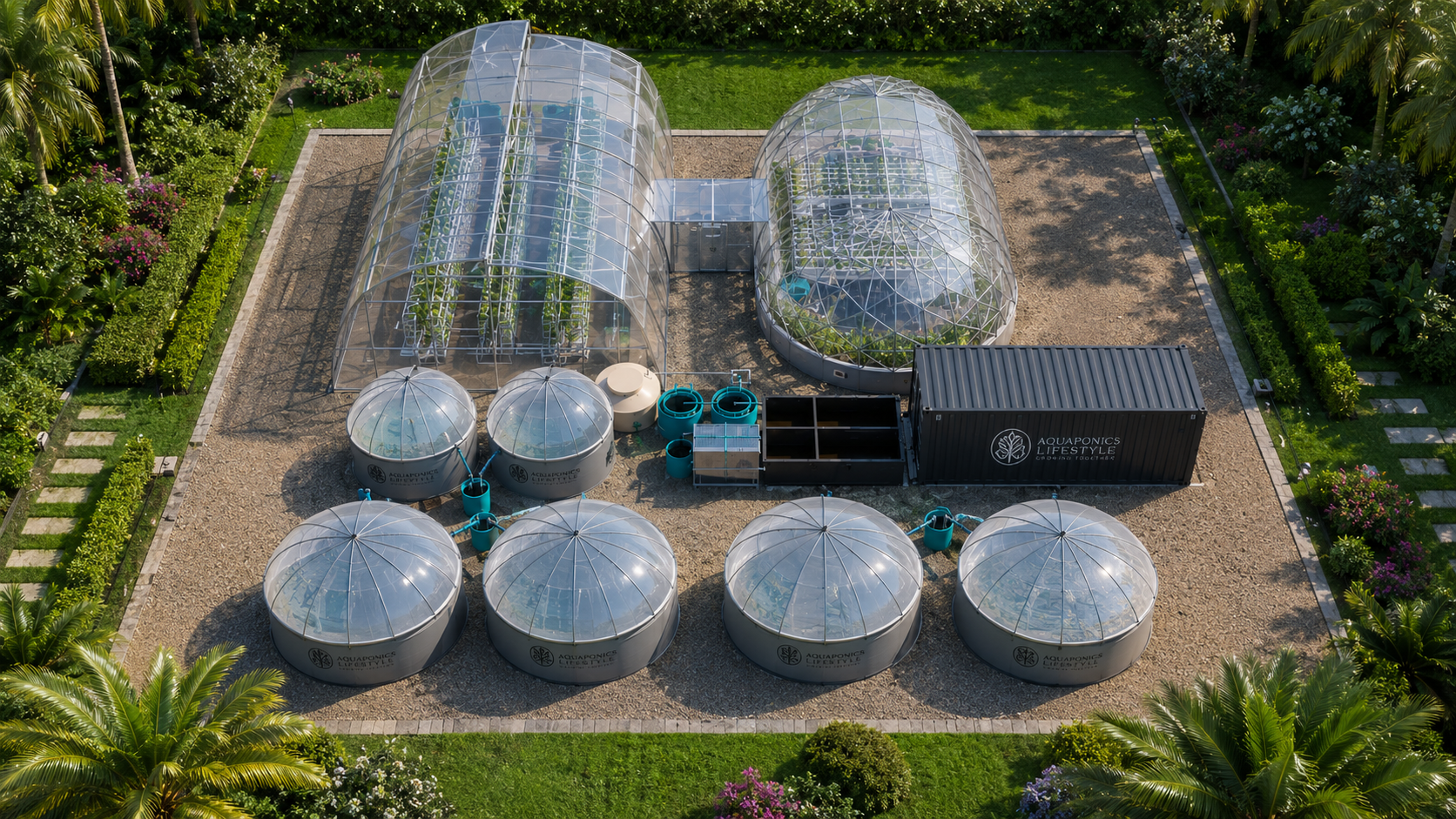 Complete Aquaponics Lifestyle campus with greenhouses, fish tanks, filtration, and utility infrastructure