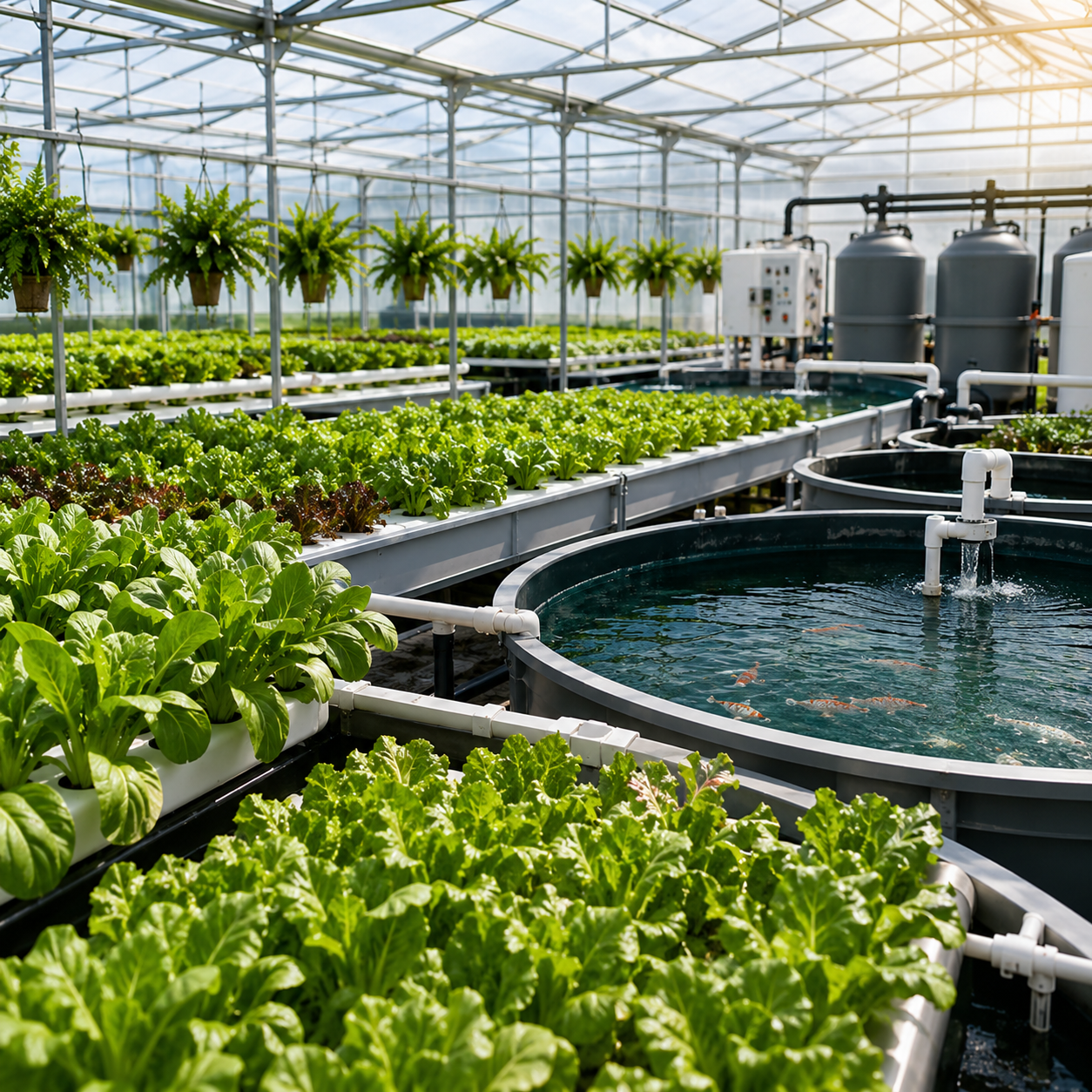 Integrated aquaponics fish tanks, grow beds, filtration, and leafy green production