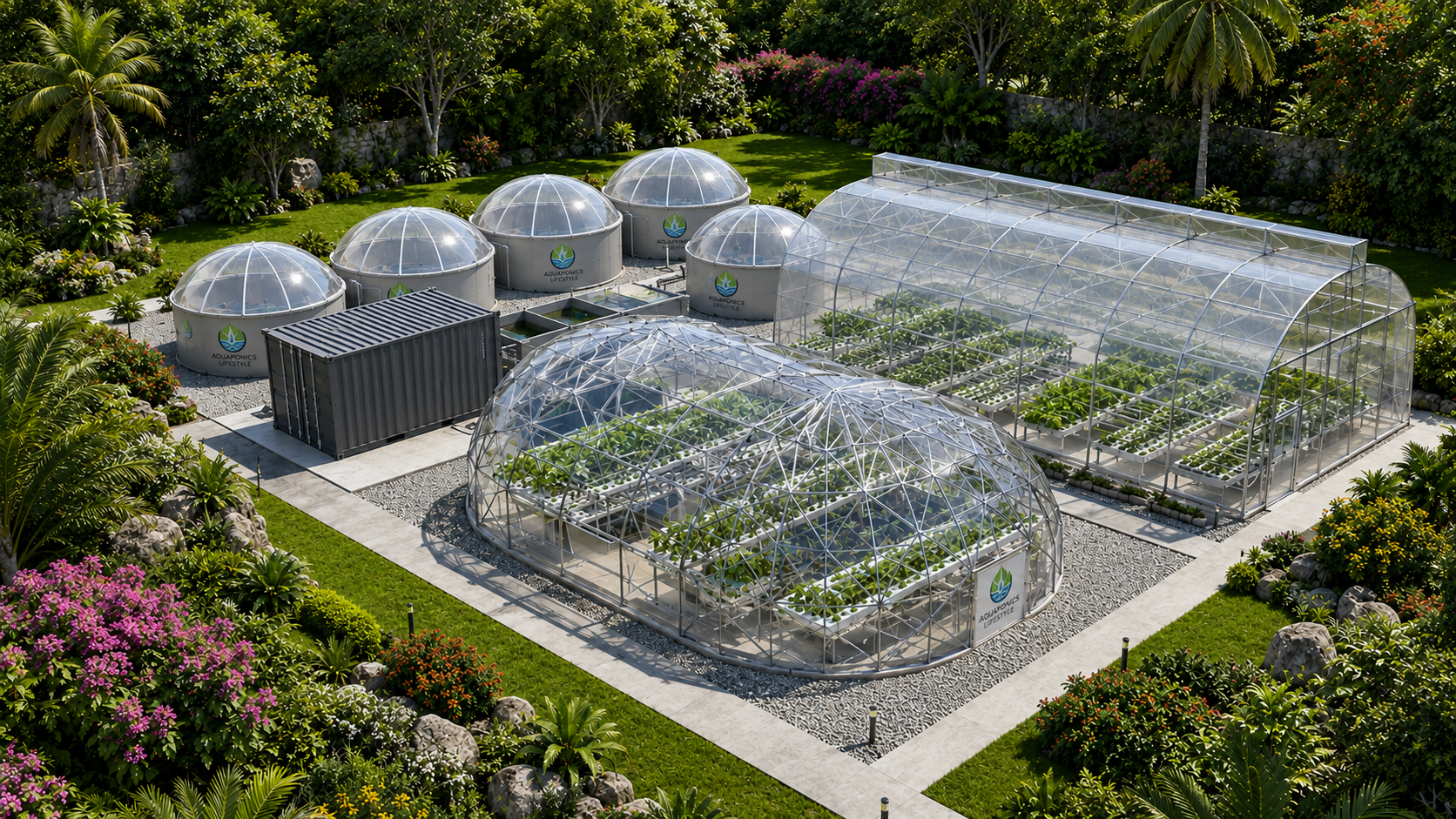 Commercial aquaponics greenhouse interior