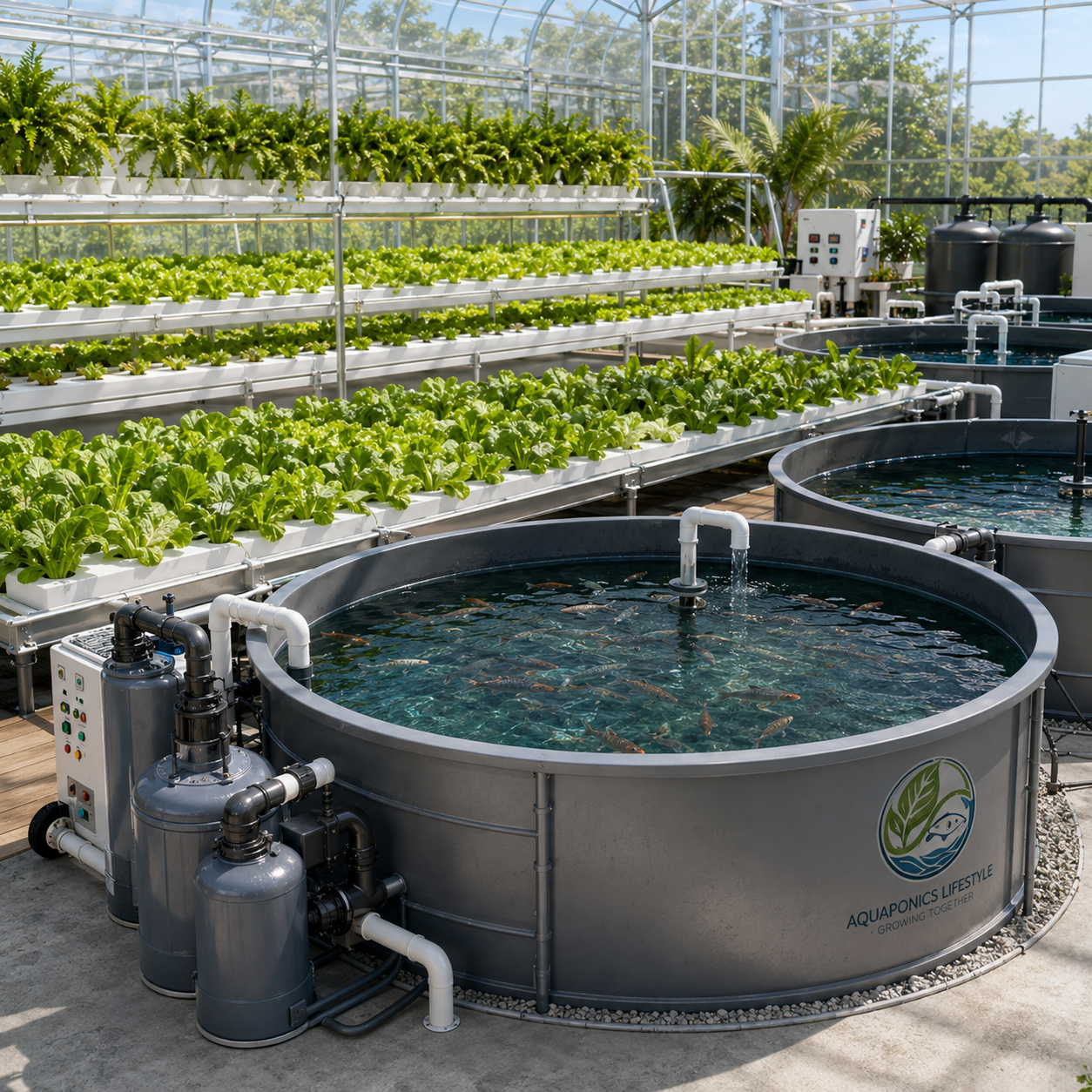 Aquaponics fish tanks integrated with crop production
