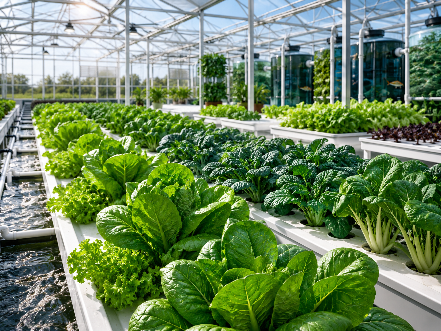Aquaponics greenhouse rows of leafy greens