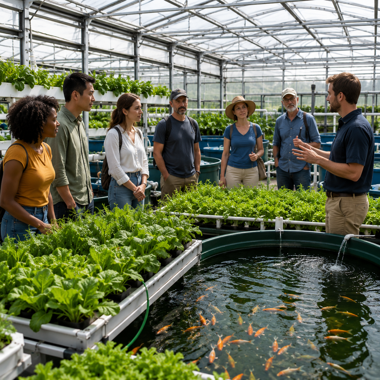 Visitors receiving a guided tour inside an aquaponics greenhouse