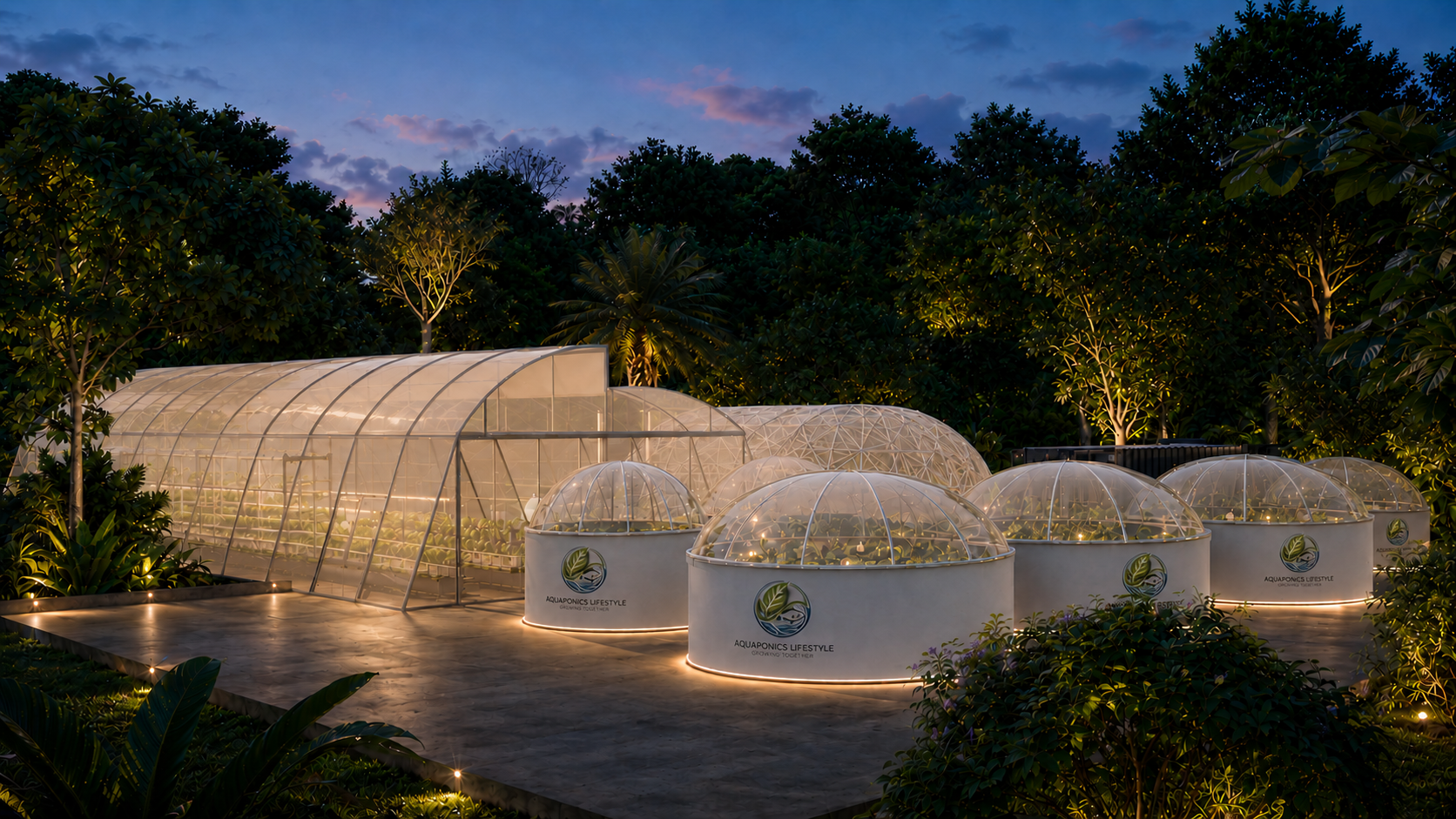 Aquaponics Lifestyle greenhouse operating at night