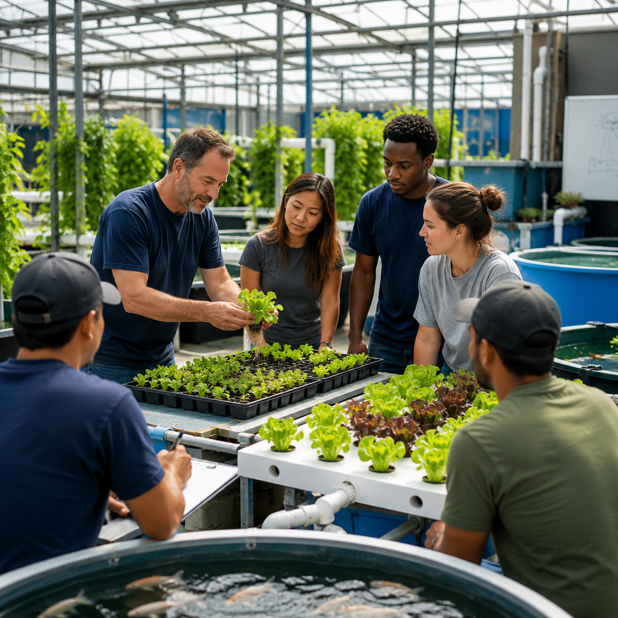 Aquaponics instructor providing hands-on operator training inside a greenhouse