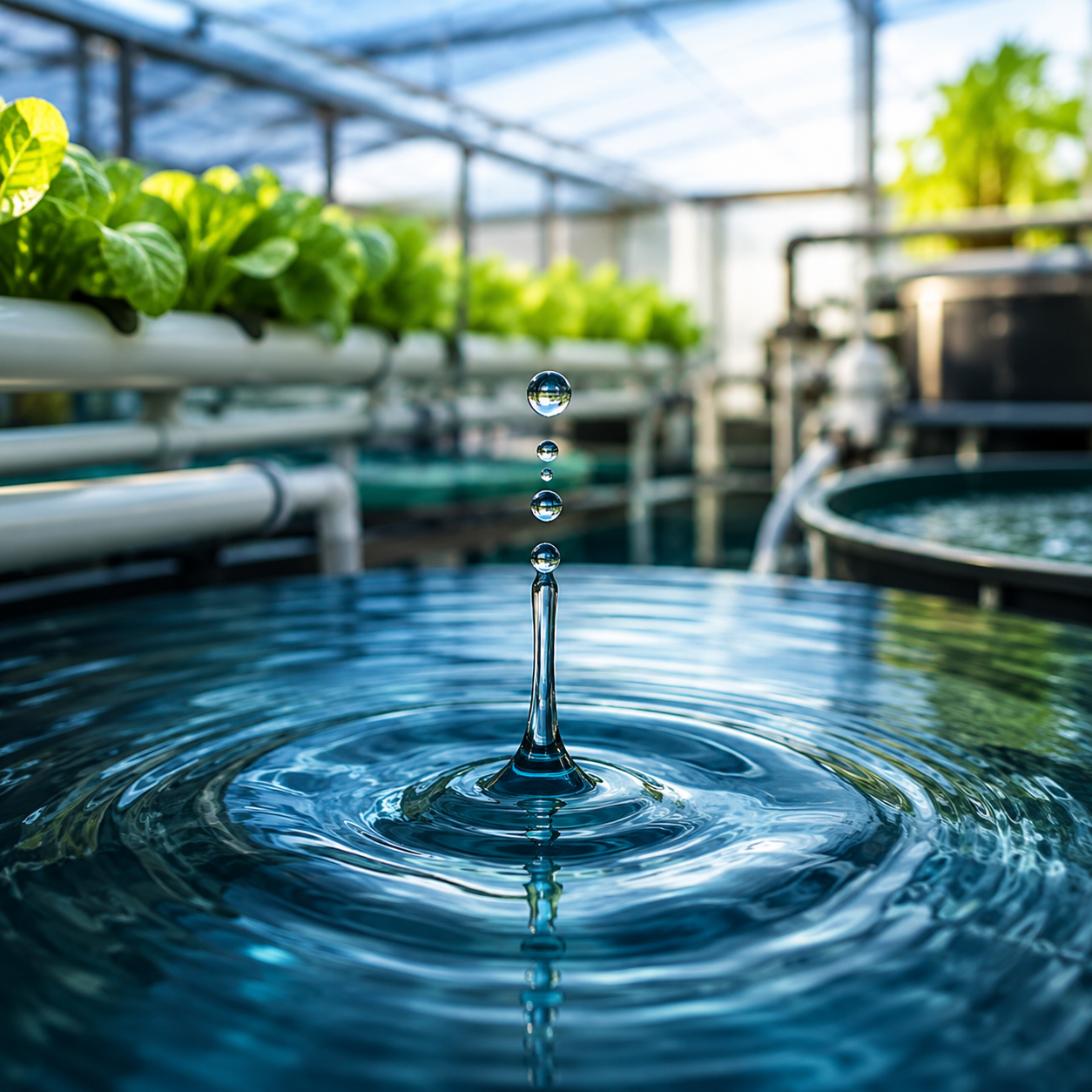 Water droplet above recirculating aquaponics tanks and growing channels