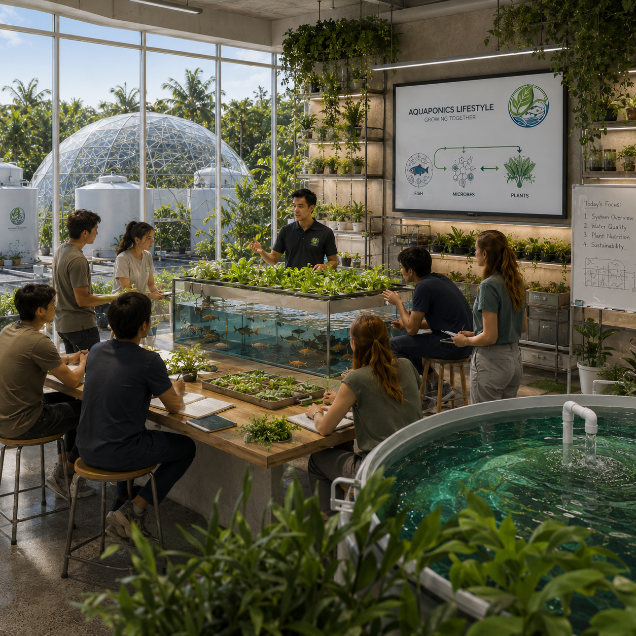 Trainees learning inside an aquaponics system