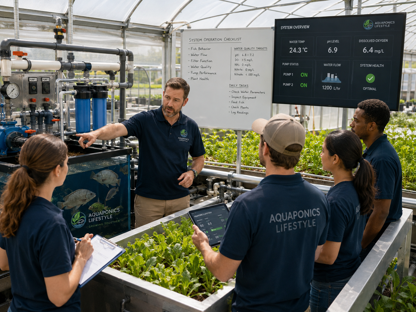 Aquaponics operator training around commercial fish tanks