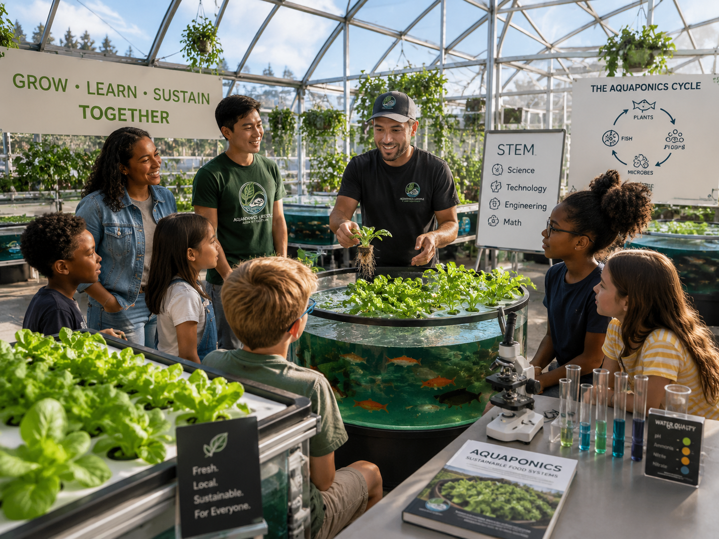 Students participating in an aquaponics STEM workshop