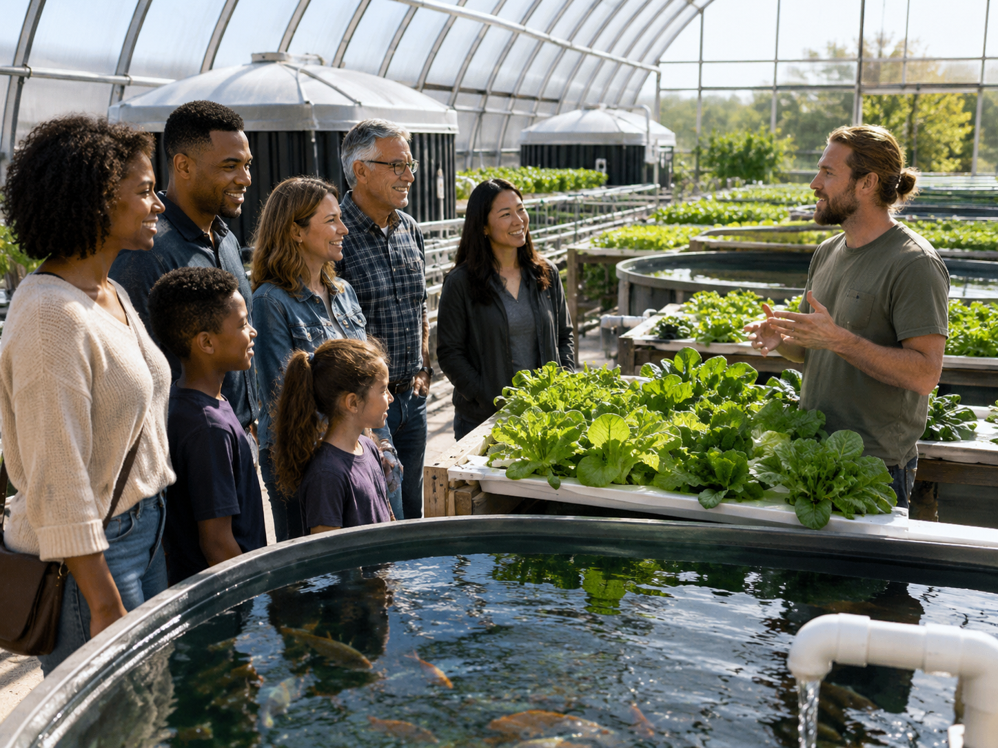 Visitors touring an Aquaponics Lifestyle greenhouse