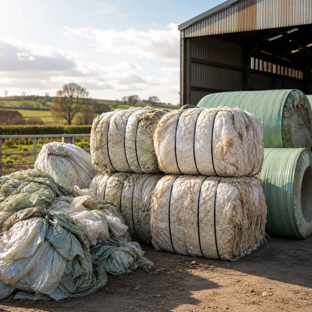 Stacks of rigid farm plastic ready for recycling