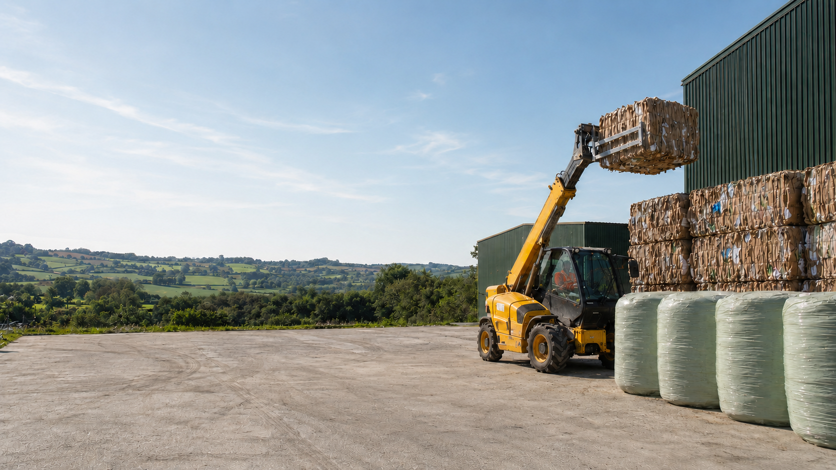 Cardboard bales being stacked at the 3 Counties Recycling yard