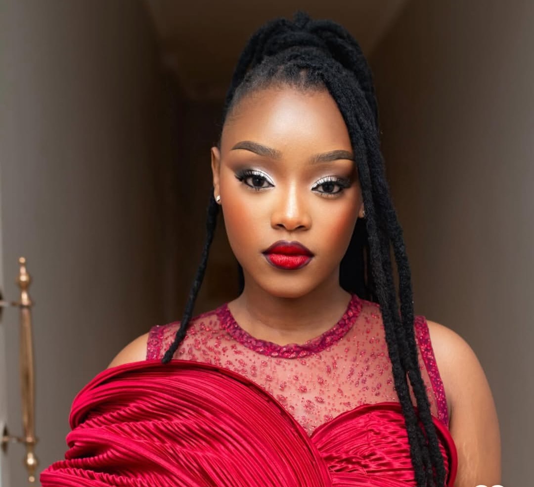 Elegant locs with red dress glam look