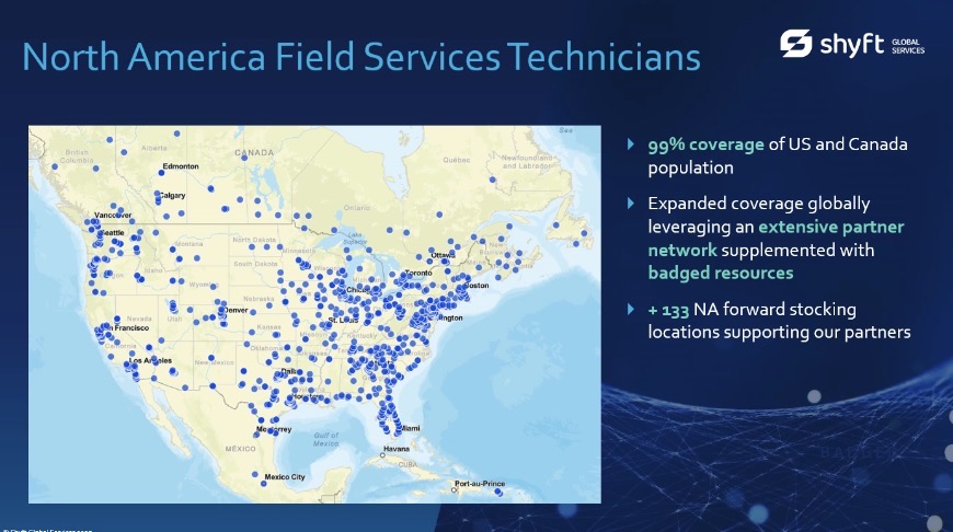 Shyft North America Field Services Technicians coverage map — 99% US and Canada population coverage, 133+ forward stocking locations