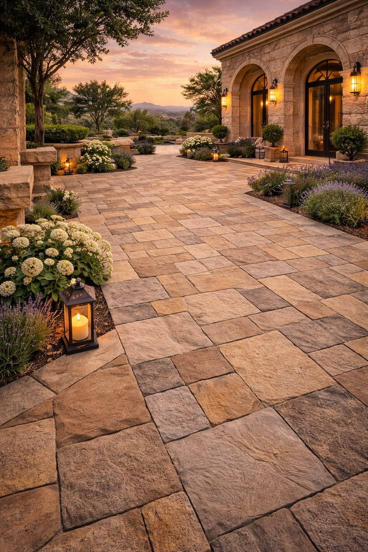 Travertine poolside pavilion at twilight