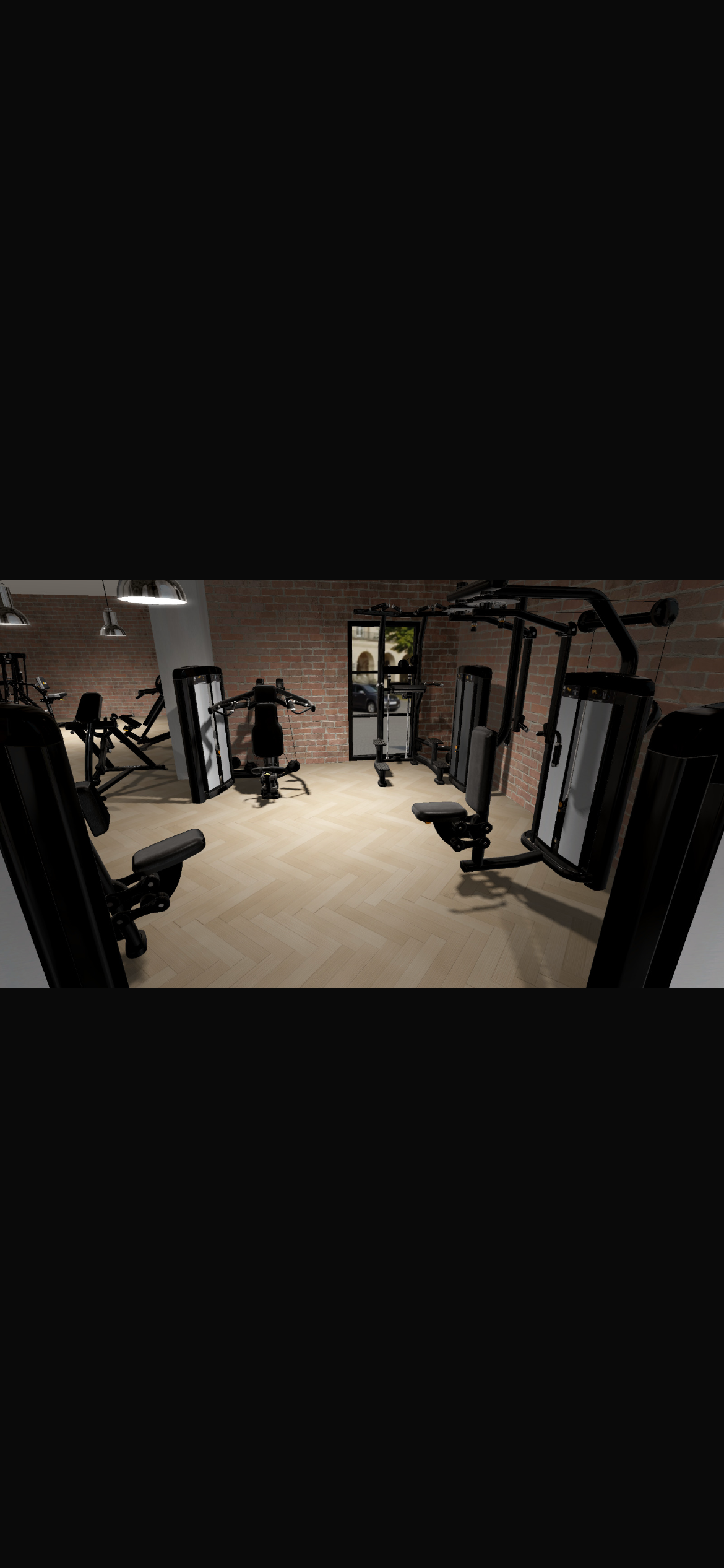Pin-loaded and selectorized machines, set against exposed brick with a view onto the plaza beyond.