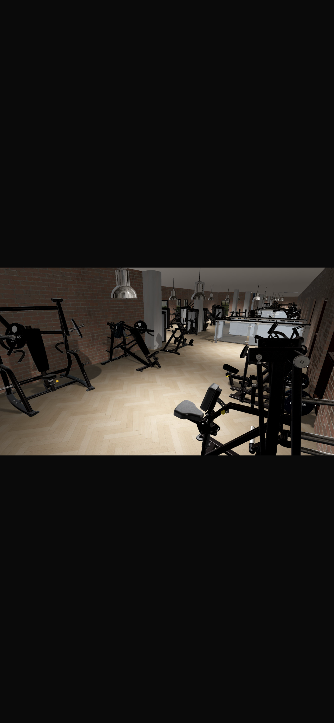 The strength wing — Olympic platforms, free weights and plates lined up along a long brick wall.