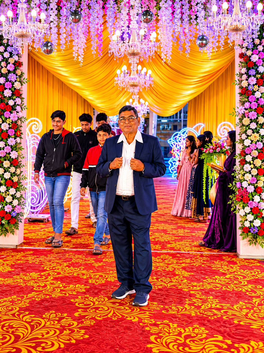 Guests walking through the chandelier-lit floral baraat tunnel