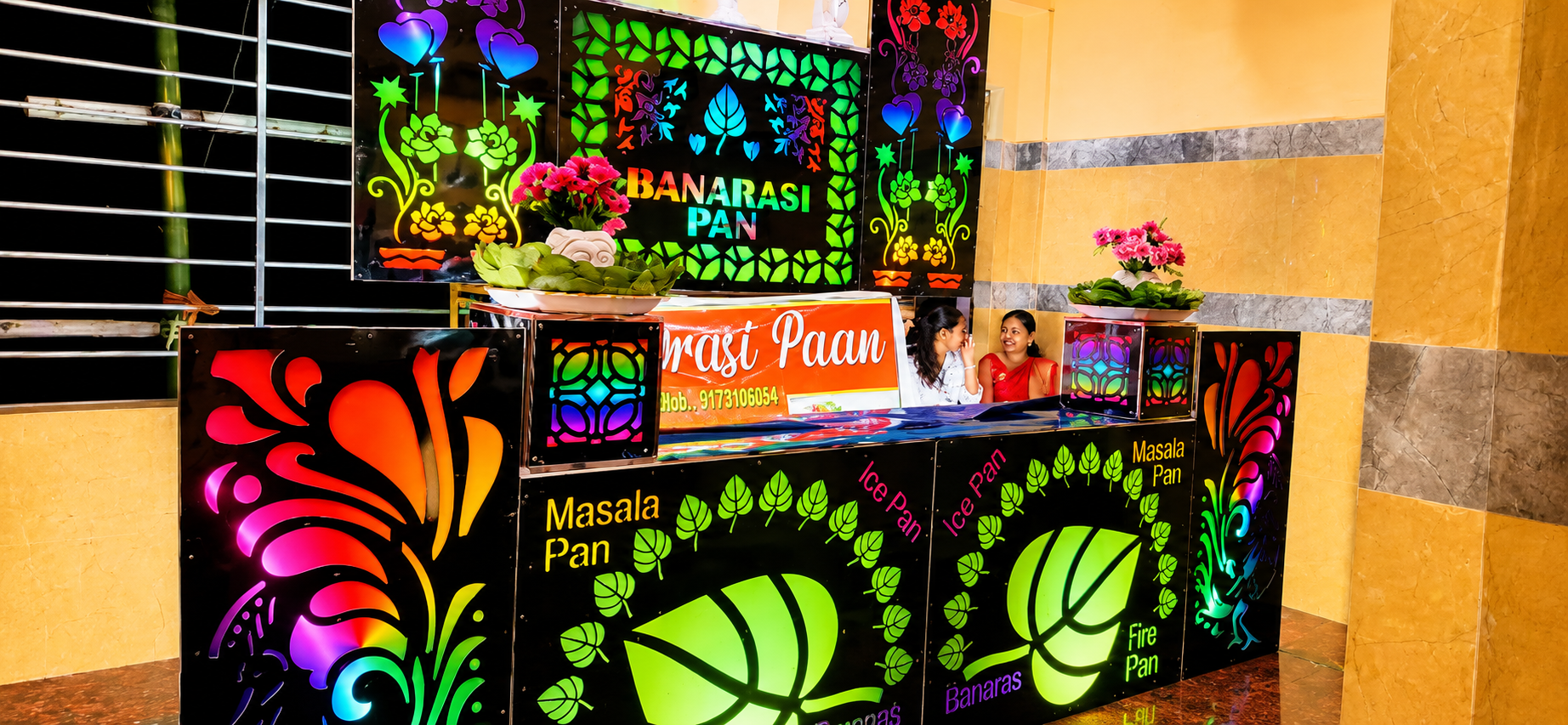 Banarasi Paan counter with neon décor for the wedding reception