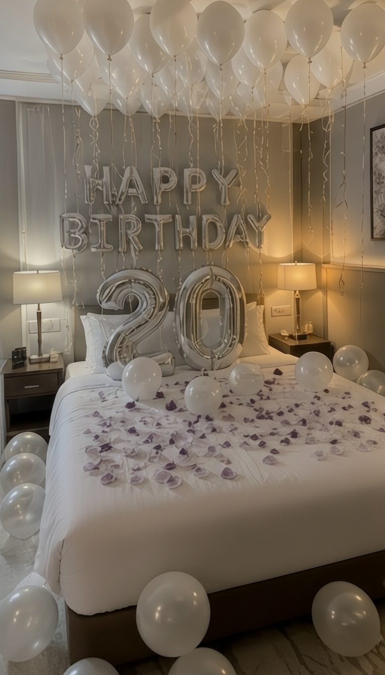 Elegant white & silver Happy Birthday 20 setup