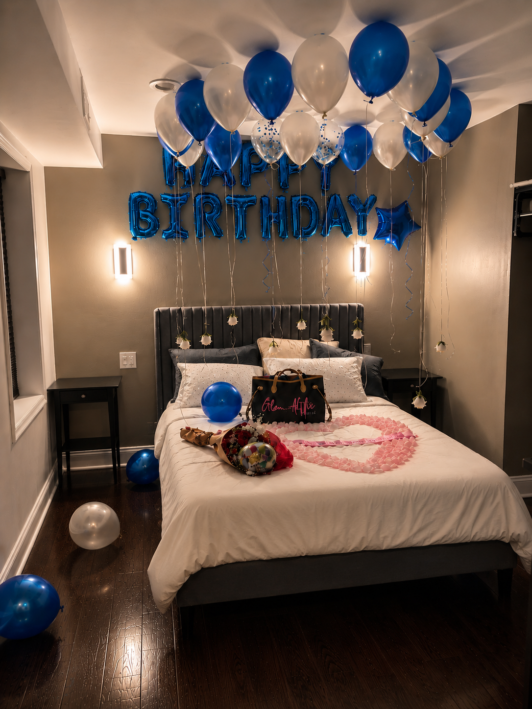 Blue & white Happy Birthday setup