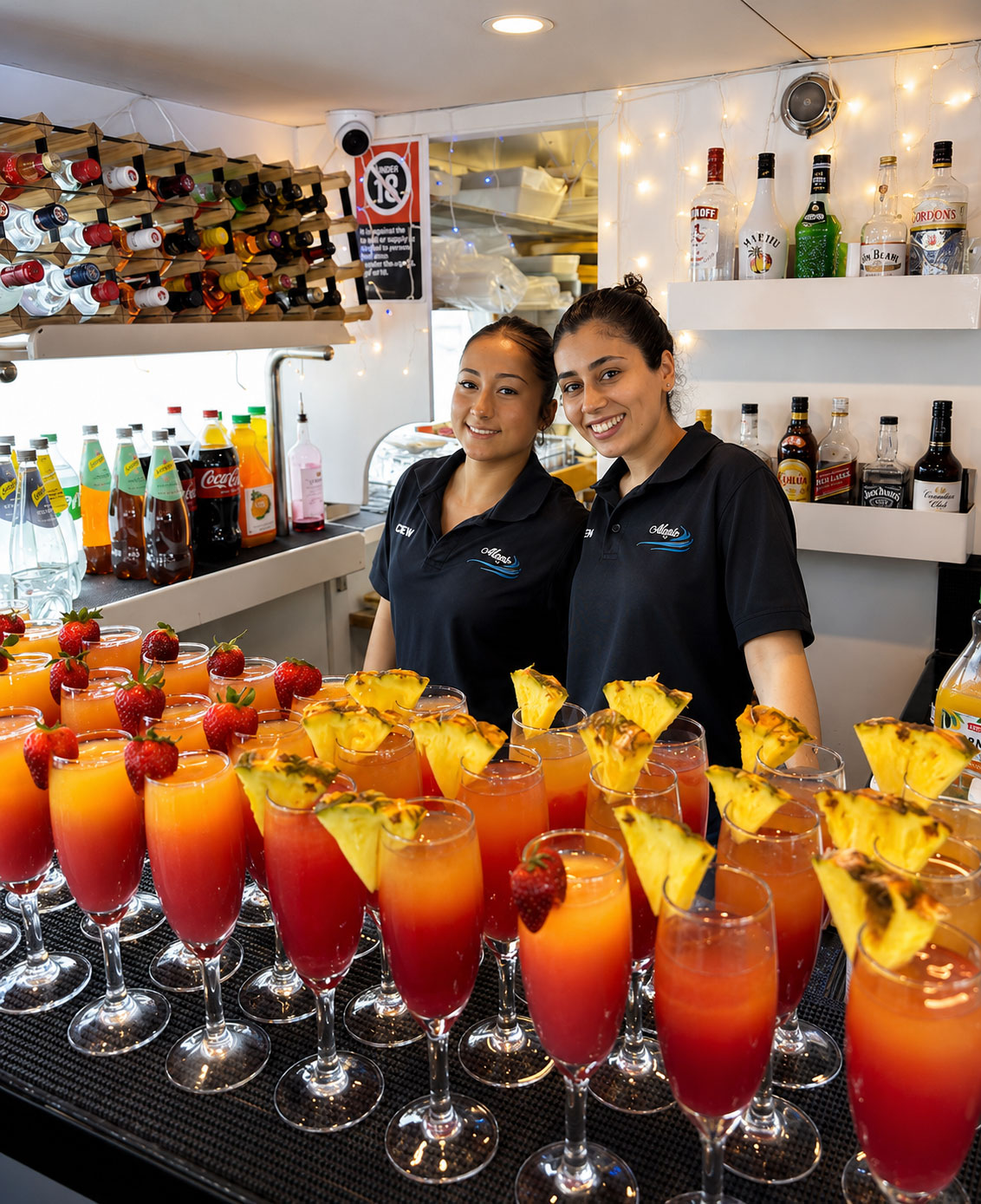 Magic Cruises crew behind the licensed onboard bar with welcome cocktails on Sydney Harbour