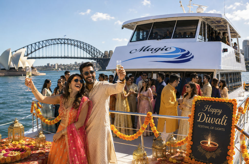 Diwali cruise guests networking on the upper deck of MV Sydney Magic at golden hour on Sydney Harbour