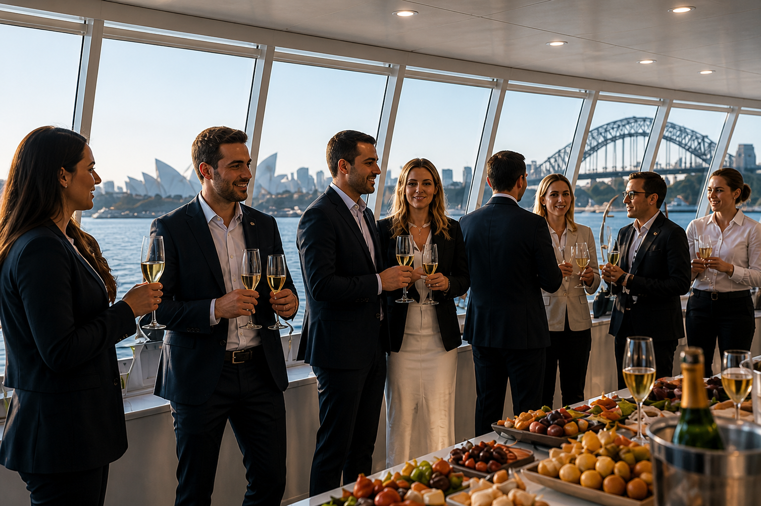 Networking event guests on the deck of Magic at sunset