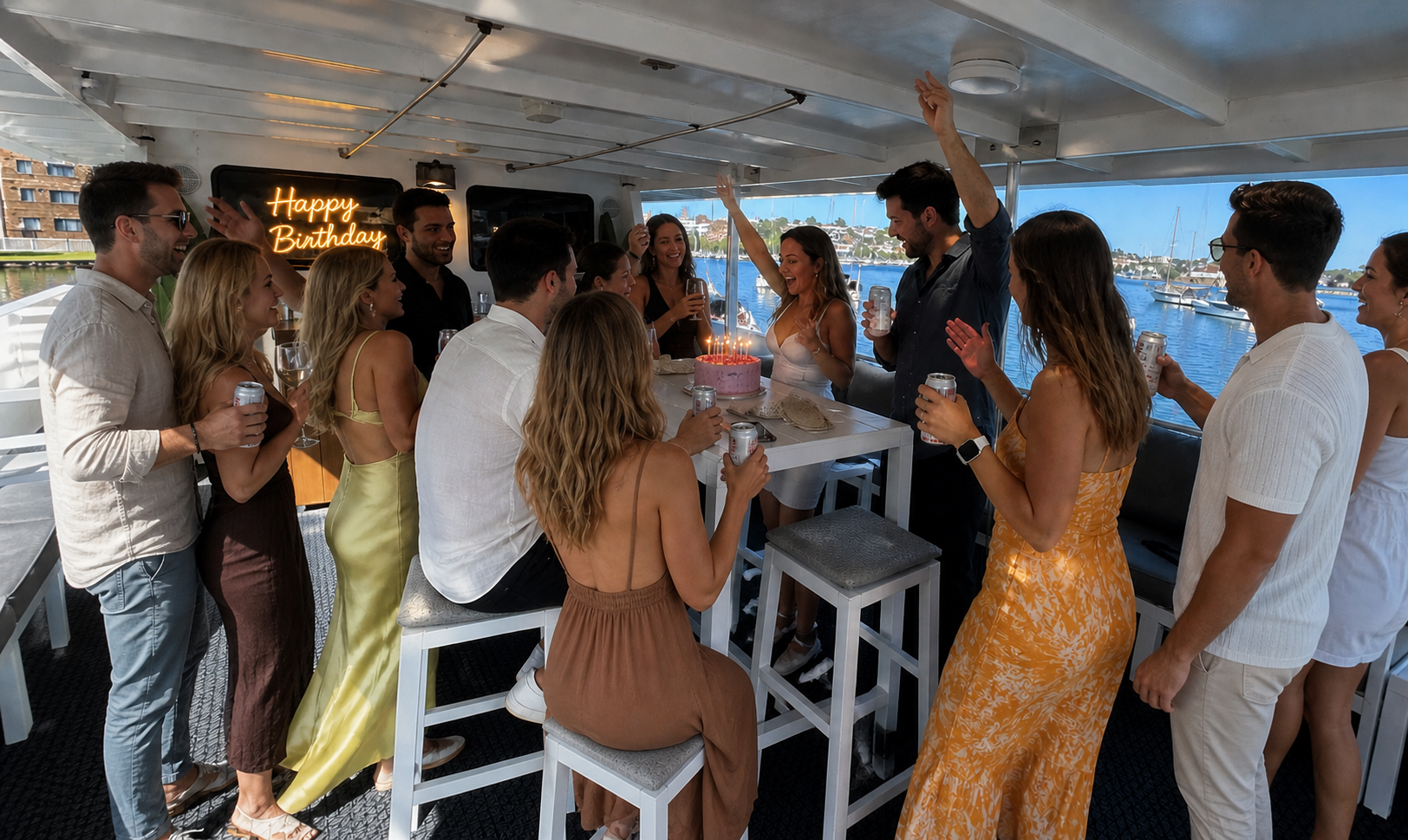 Sydney birthday party cruise · Happy Birthday neon sign · pink and gold balloons · group celebrating with cake on board the Magic