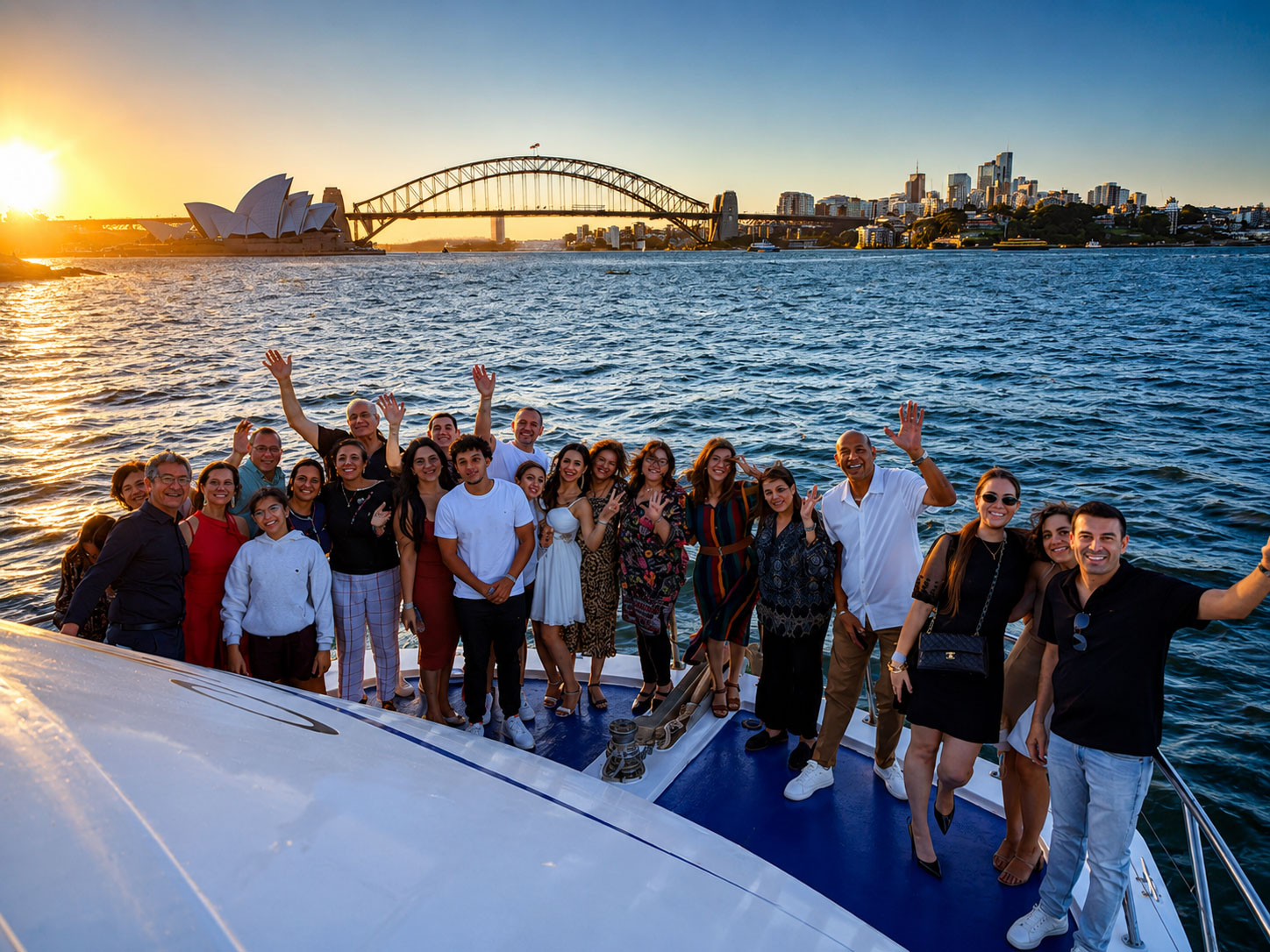 Sydney Harbour sunset cruise group on the bow of the Magic with Opera House, Harbour Bridge and city skyline silhouetted against a golden sun