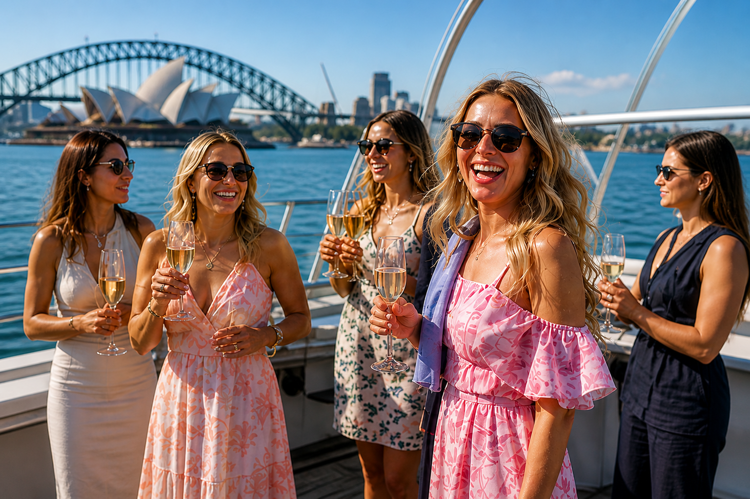 Baby shower guests on the deck of Magic at midday with Sydney Harbour Bridge behind