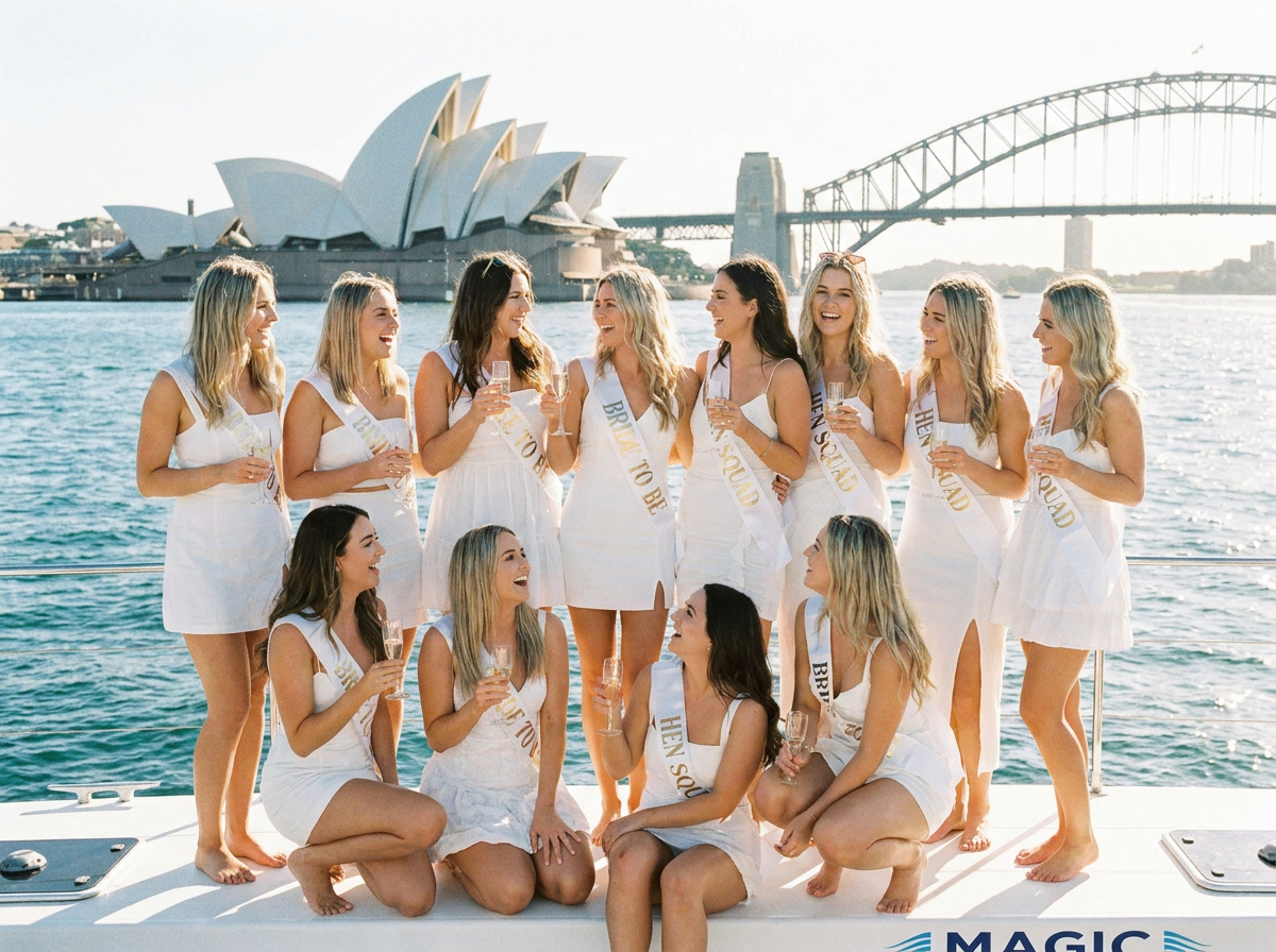 Bride to be and hens squad celebrating with champagne in front of Sydney Opera House and Harbour Bridge