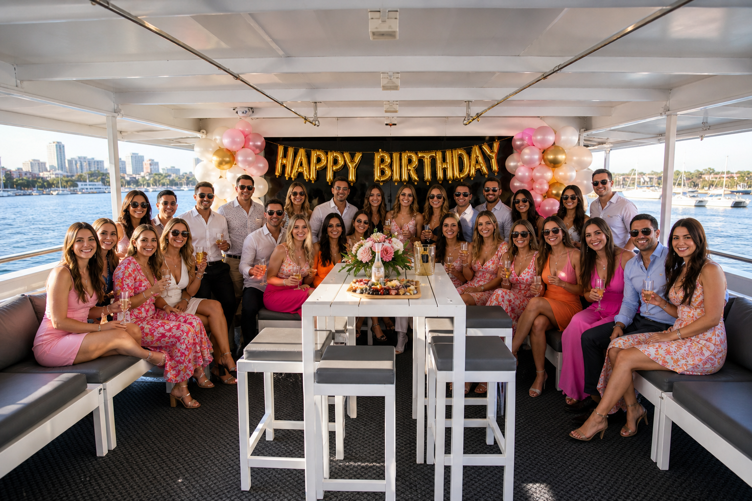 Happy birthday group photo on the Magic · gold Happy Birthday balloon banner · pink and coral dressed guests with champagne · grazing table centerpiece · Sydney Harbour backdrop