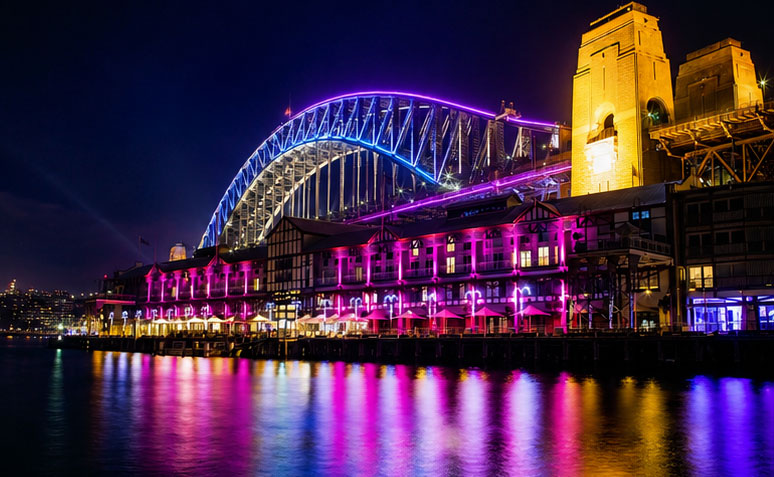 Vivid Sydney Harbour Bridge from the water