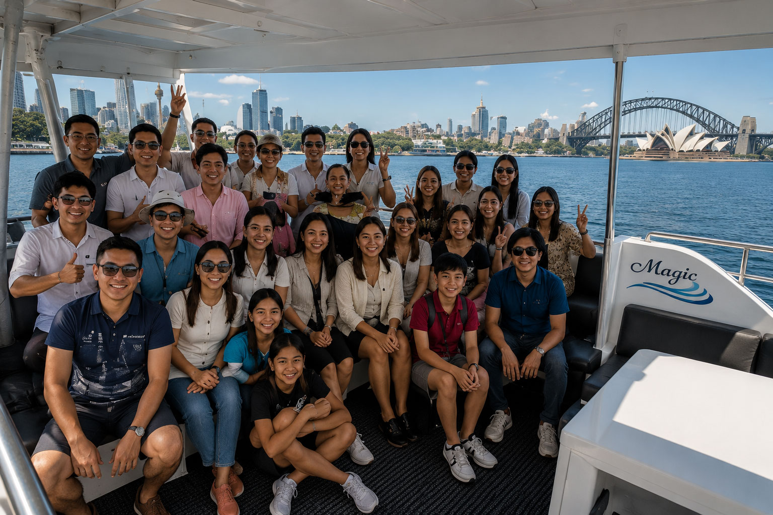 Corporate team group photo on the MV Sydney Magic with Sydney CBD skyline, Harbour Bridge and Opera House in the background