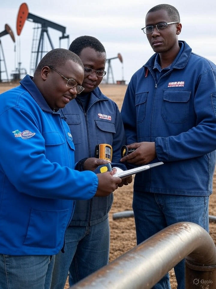 Oil field workers using advanced technology