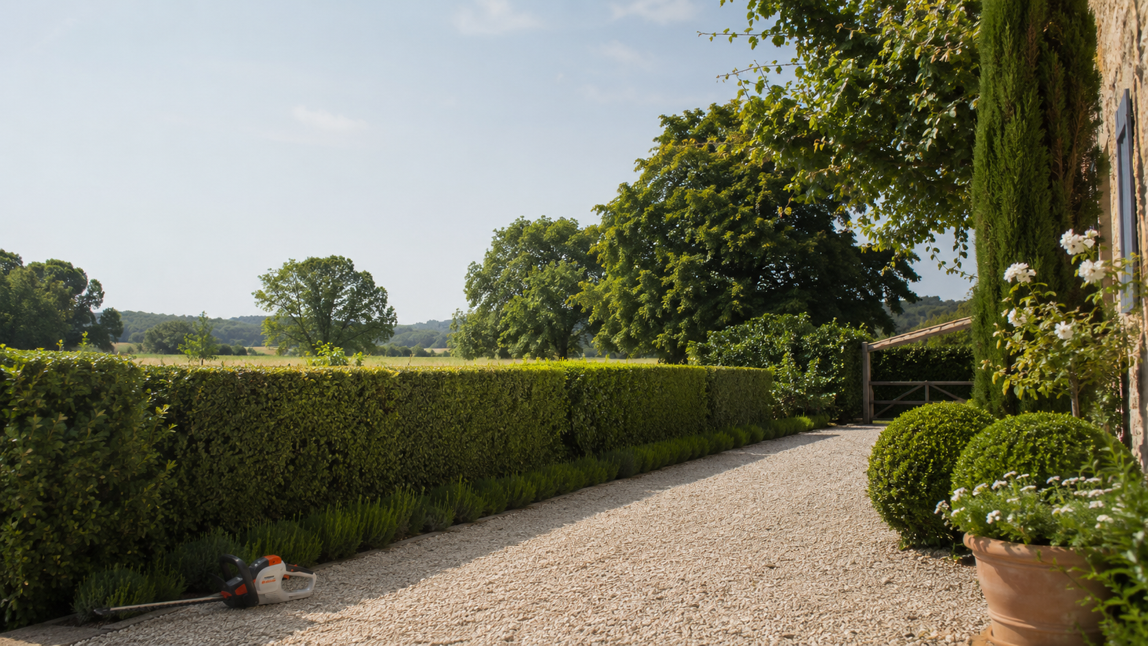 Styled rural French garden with a neatly trimmed hedge along a gravel path