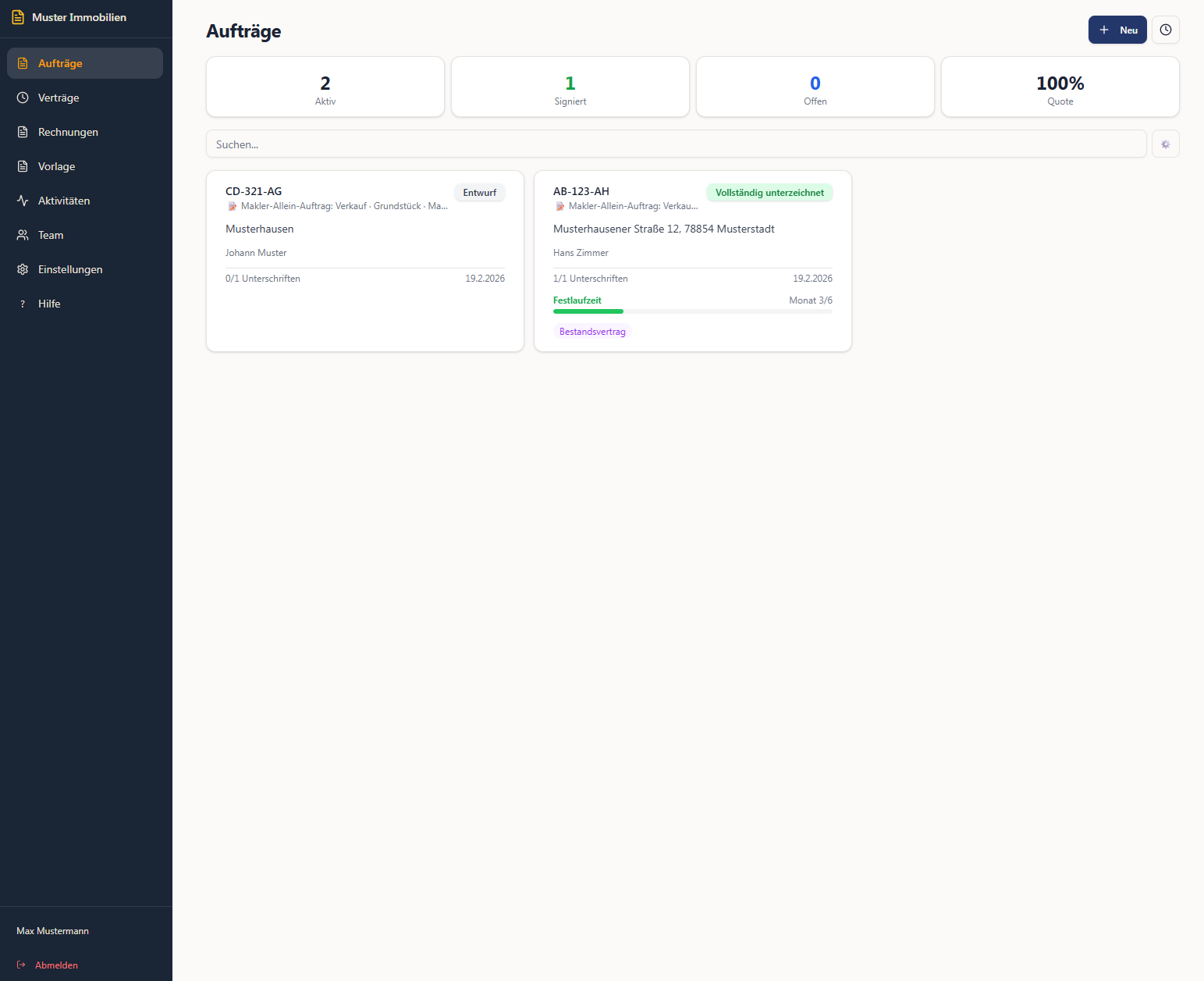 Dashboard – Aufträge Übersicht mit Status und Statistiken