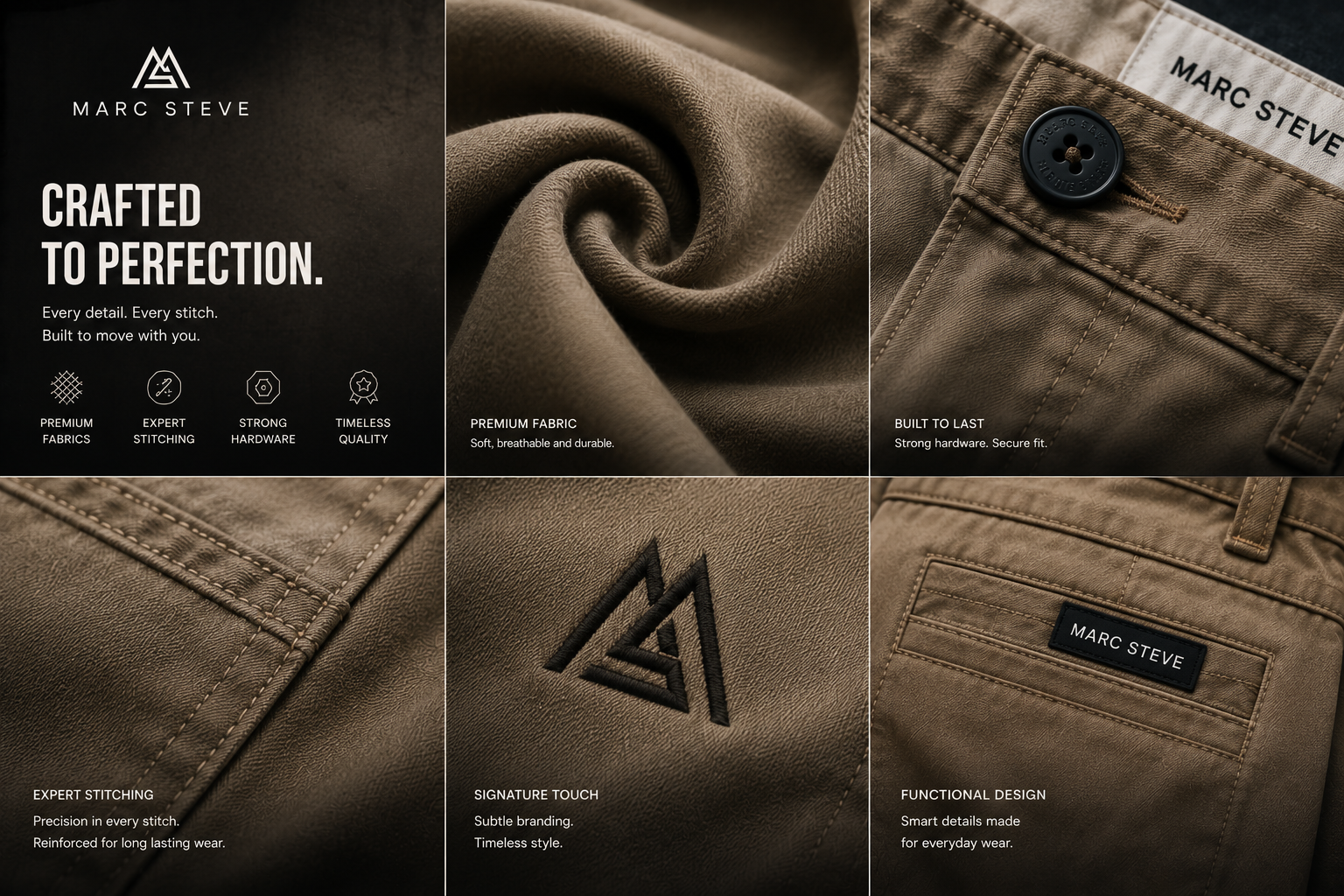 Marc Steve craftsmanship — premium fabrics, expert stitching, signature details, functional design